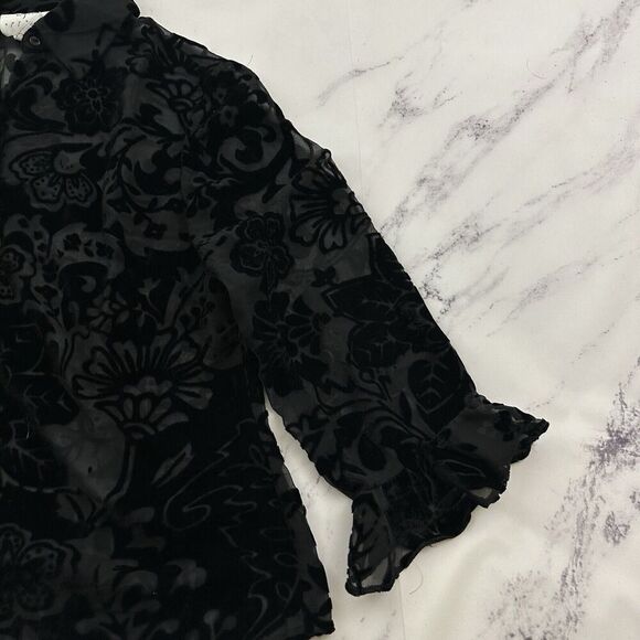 Vision Womens Vintage Y2k Velvet Floral Blouse Top Size L Black Sheer Ruffle - Picture 3 of 11